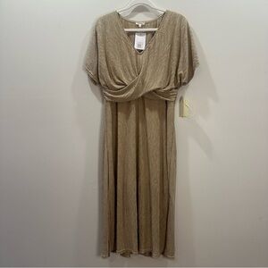 Jodifl Los Angeles Gold Short Sleeve Wrap Front Midi Dress Size L NWT